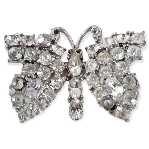 Vintage Rhinestone Butterfly Brooch Silver Tone Metal Finish - Picture 6 of 12